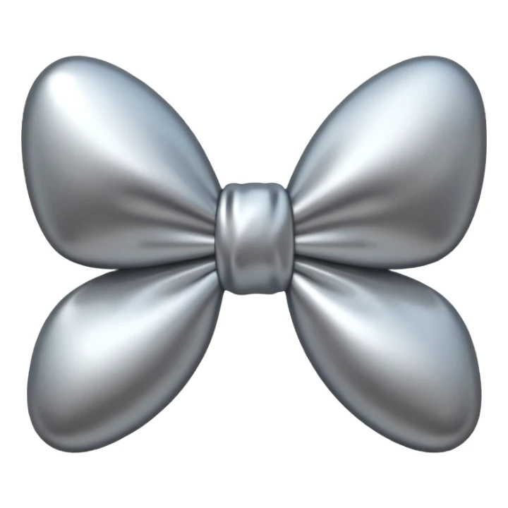 A cute bow emoji made of polished silver chrome, smooth rounded loops, glossy metallic surface, soft mirror reflections, subtle highlights, minimal and adorable proportions, iOS emoji style, centered composition, clean white background, soft studio lighting, no text, no outline, ultra high quality sticker