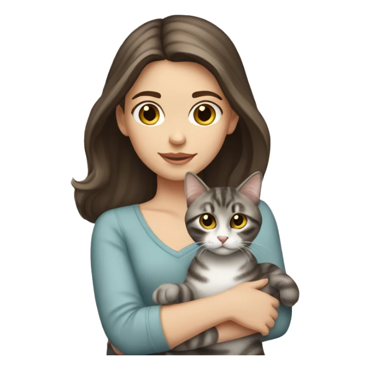 Long Dark brown haired white girl with hazel eyes holding gray tabby cat sticker