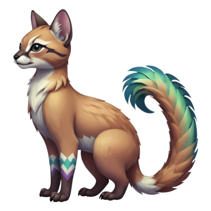 Colorful dark tropical feathery tribal pale light fruity pastel white glorious iridescent divine exotic cute cool beautiful beautiful fantasy-caracal-civet-genet-sergal-vernid-Gryphon-Cacomistle-Trico-oncilla-animal-Fakémon-hybrid-fursona (full body) sticker