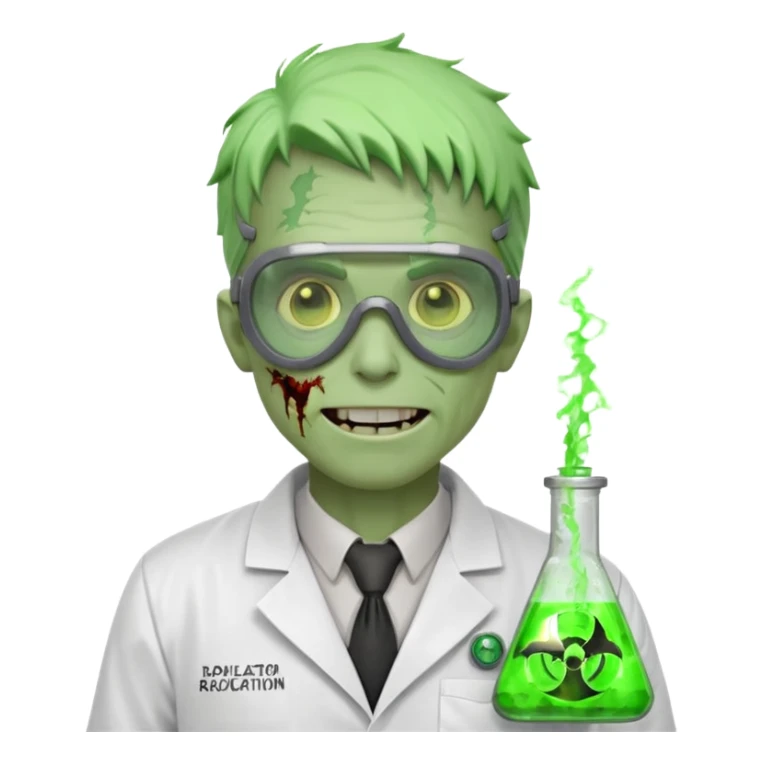 radioactive zombie scientist portrait, head and shoulders only, glowing toxic veins, cracked goggles, lab coat with radiation badge, sinister smile, 3D cartoon, mobile game icon style, clean background, no text, no watermark
 sticker