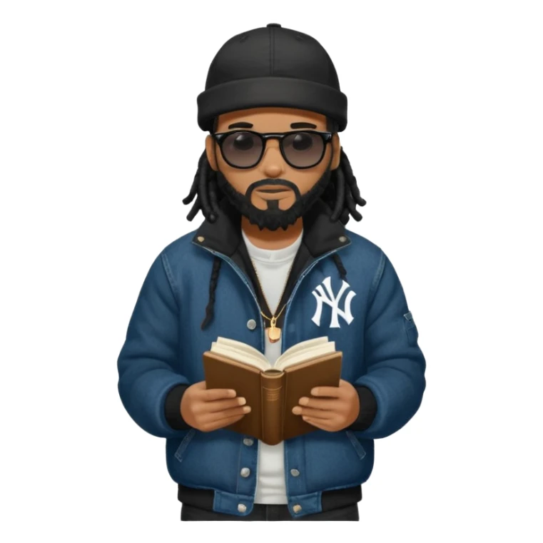 African American man with shoulder length black dreadlocks with black beard wearing black sunglasses wearing a black bubble winter coat wearing a black New York Yankees logo baseball cap wearing denim skinny jeans and Timberland boots reading a Bible sticker