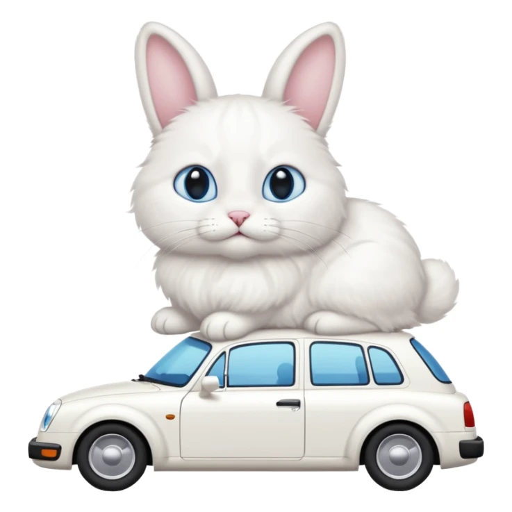 Please create a small emoji the size of 🚗 featuring a pure white cat with bunny tail (not ears) with blue eyes on a white saloon car viewed from side. Again it is necessary that the emoji must be extremely small, much smaller than a standard sized sticker. sticker