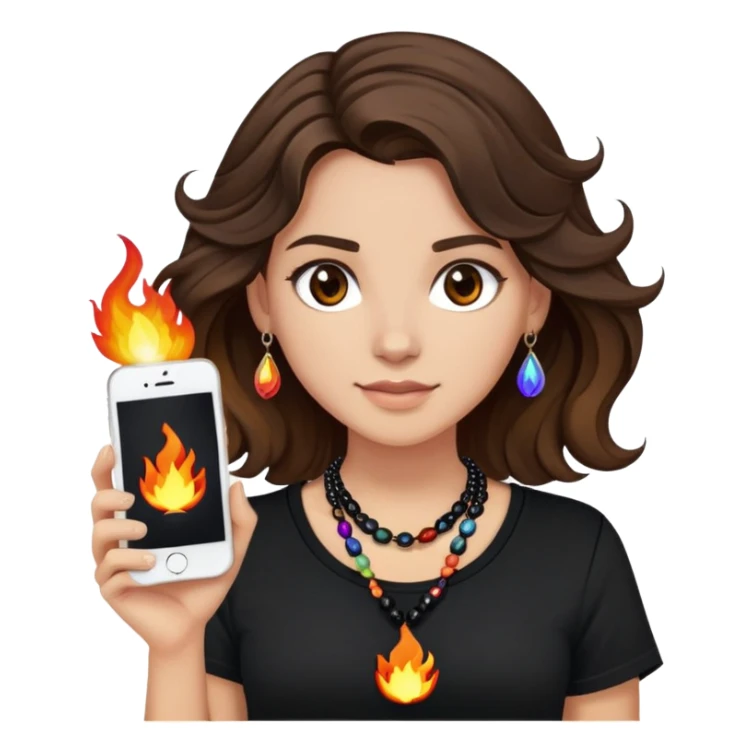brunette girl with wavy medium length hair, brown eyes, light/medium skin tone, holding iPhone and light phone, wearing black tee shirt with flames on it and colorful beaded charm necklace sticker