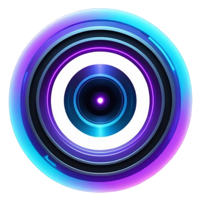 Futuristic camera aperture transforming into a vortex of light rays converging on a glowing product silhouette (e.g., lamp, watch), deep space blue (#0A1A2F) to electric violet (#8A2BE2) gradient with neon cyan (#00FFFF) sticker