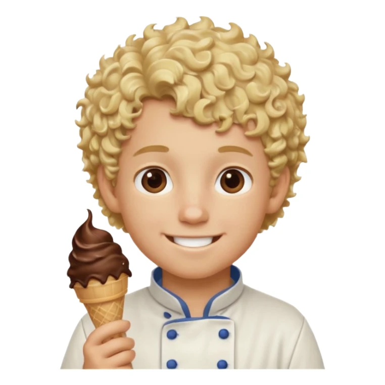 boy blonde curly hair, chef, eating chocolate ice cream sticker