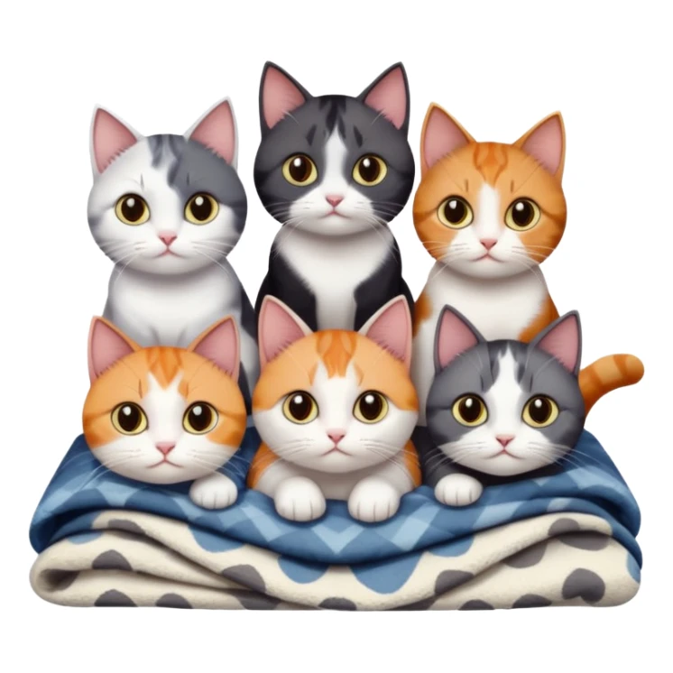 5 different coloured short haired cats including; a dark brown and white cat, and a dark grey and white, and a calico sticker