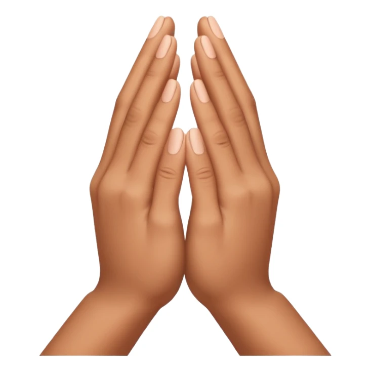Create an Apple-style emoji of two hands pressed together in a praying gesture. The hands should be simplified, smooth, and cartoon-like, with soft gradients and glossy highlights typical of iOS emojis. Show only the hands, with no arms or background, isolated on a transparent background. sticker