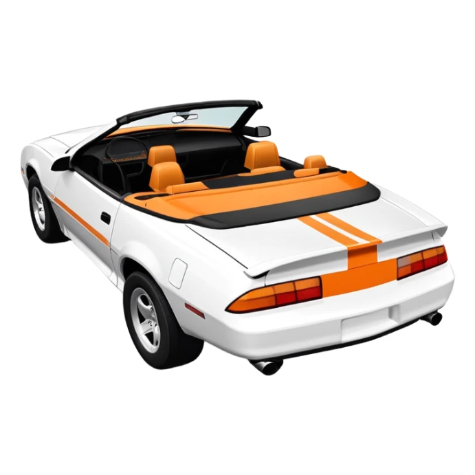 3rd generation 1992 convertible Camaro, white with orange hood and deck stripes, rear angle sticker