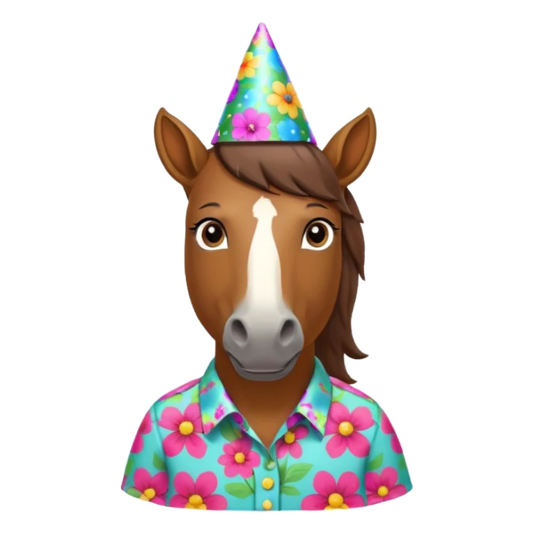 horse in flowered shirt with party hat, front view sticker