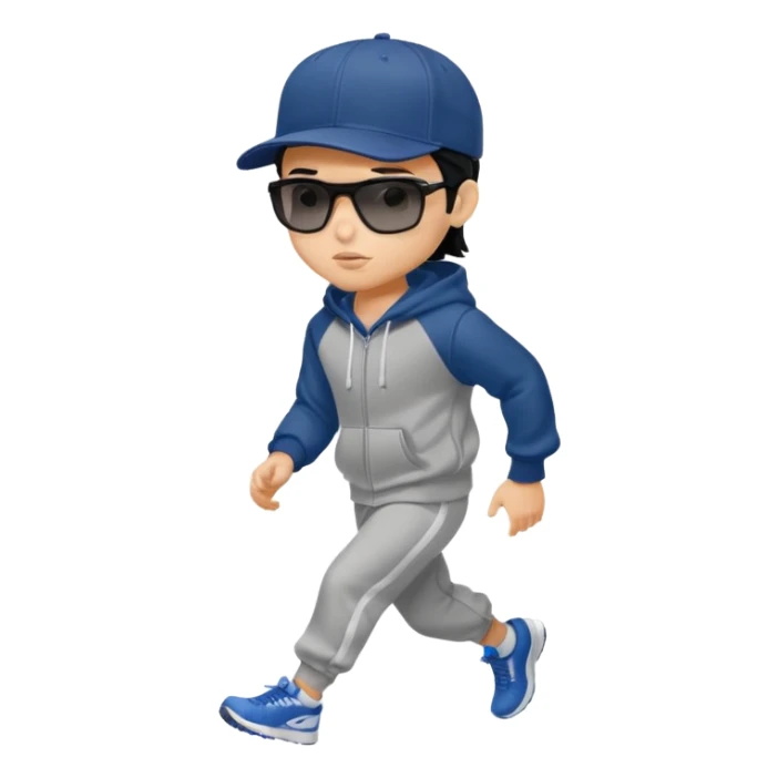 generate a fair pretty bratz boy wearing a dark blue baseball cap with black sunglasses and a grey hoodie jogging

hair black  sticker