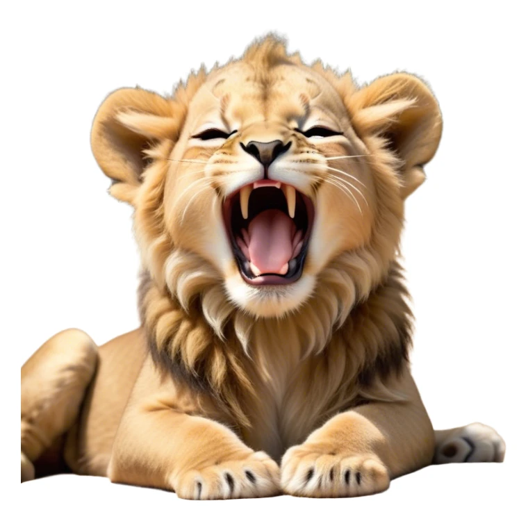 Cinematic Cute Yawning Lion Cub Portrait Emoji, Head tilted slightly with a dramatic, wide-open yawn, showcasing a soft, downy tawny Fur with a majestic mane, floppy ears slightly drooping, round amber eyes barely open in drowsy contentment, Simplified yet irresistibly adorable features, highly detailed, glowing with a soft, cozy glow, high shine, relaxed yet expressive, stylized with a touch of savannah whimsy, bright and endearing, soft glowing outline, capturing the essence of a sleepy yet affectionate Lion Cub, so drowsy it feels like it could stretch out of the screen and curl up for a nap! sticker