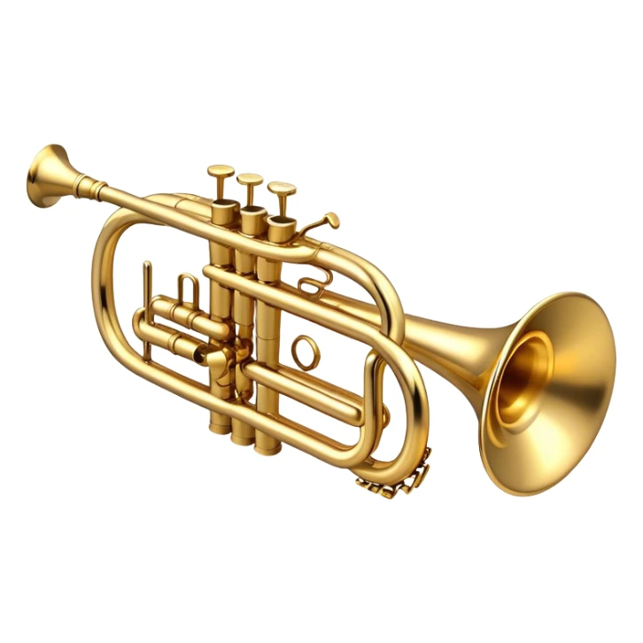 Cinematic Realistic Trumpet, polished brass with warm golden reflections, intricate valve details subtly highlighted, soft hands pressing the keys, glowing with bold and triumphant musical energy. sticker