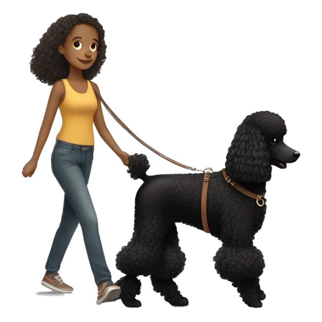 3 legs One Small unshaved Black Poodle with brown harness is walking with a black long hair pretty girl sticker