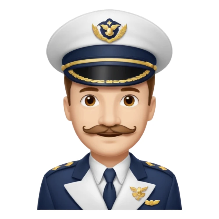 A light-skinned man with brown eyes and original stache, smiling while wearing a white captain’s hat with a navy emblem. sticker