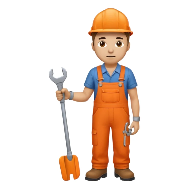 railway engineer, looking tired in orange overalls, boots, holding a spanner emoji sticker