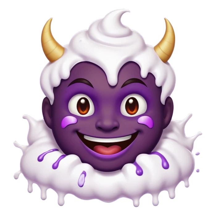 Purple smiling Devilish emoji with white whipped cream splattered all across it’s face sticker