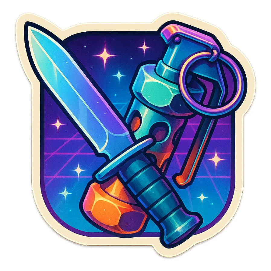 a crossed combat blade and flashbang, square symmetrical framing, 90s futuristic sticker