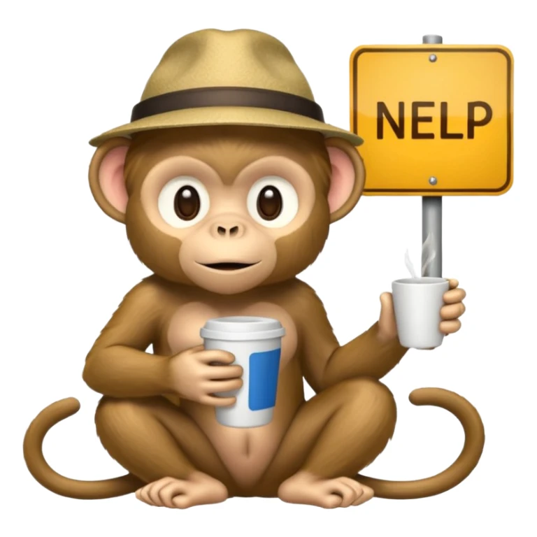 Monkey sitting beside a 'need help' sign, sticker