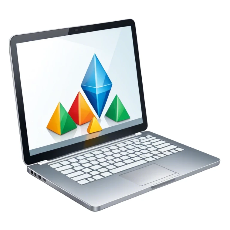 Professional icon for Graphic Design: a laptop with Photoshop open on the screen, displaying geometric shapes like spheres, cubes, and pyramids, along with a stylus. The icon should reflect the creative process in graphic design. Transparent background. sticker