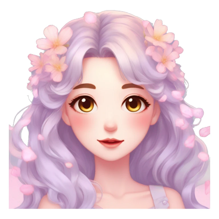 Gorgeous pastel anime style lady with blushing face with flower petals around  cottagecore fairycore pastelcore shiny colorful pearly petite simplistic aesthetic trending style sticker