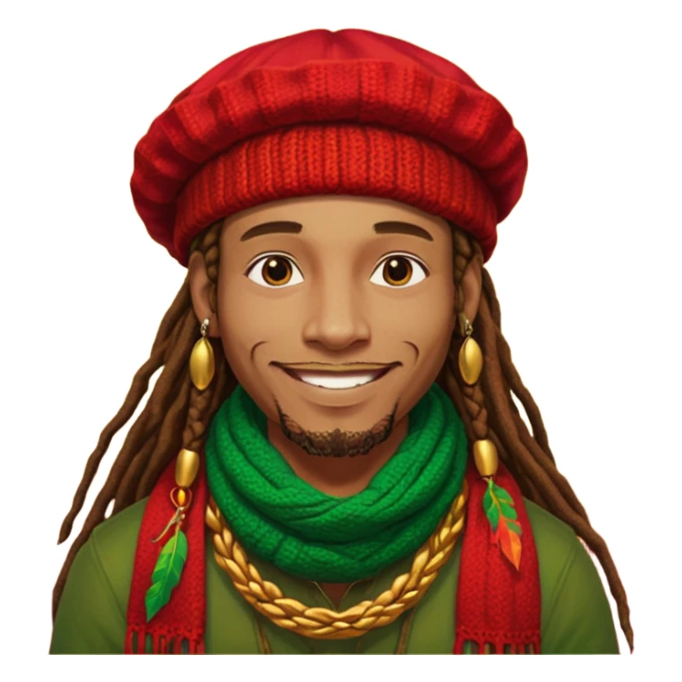 Create a powerful illustrated portrait of a smiling man with long dreadlocks, wearing a colorful red, gold, and green knitted tam. The background has jungle leaves and warm lighting. Style: vibrant digital art, modern, bold lines, reggae vibe. With a Amsterdam colour scarf around his neck sticker