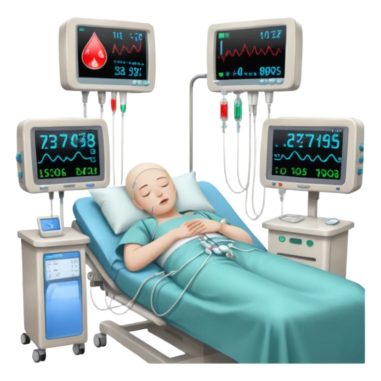 a PATIENT waking up before a surgery sleeping. And monitors with vitals and numbers sticker