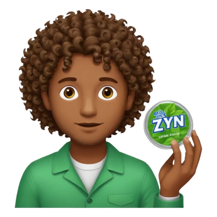 Man with Curley brown hairholding Zyn spearmint snus sticker