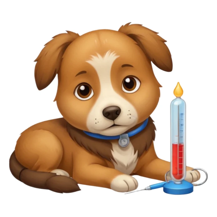 A sick dog lying down with a thermometer beside it, indicating a fever.
Cute but gentle style, warm colors, conveying concern and care. sticker