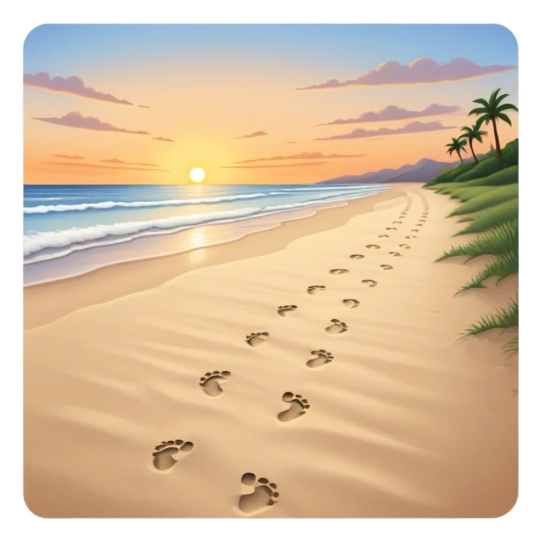 A quiet beach at sunset. Two sets of footprints—one small, trailing behind, the other larger, leading forward. As they continue, the small steps merge into the larger ones, until only one set remains, past and present walking as one. sticker