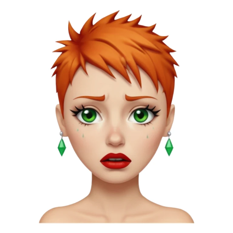 Short spikey Ginger hair, green eyes, black long eye lashes large red lips White woman crying tears on face sticker
