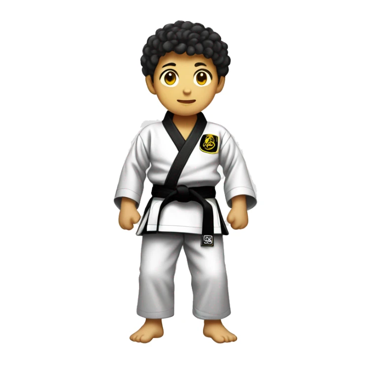 Full body Asian boy with short curly hair wearing a black jiujitsu gi with a yellow belt  sticker