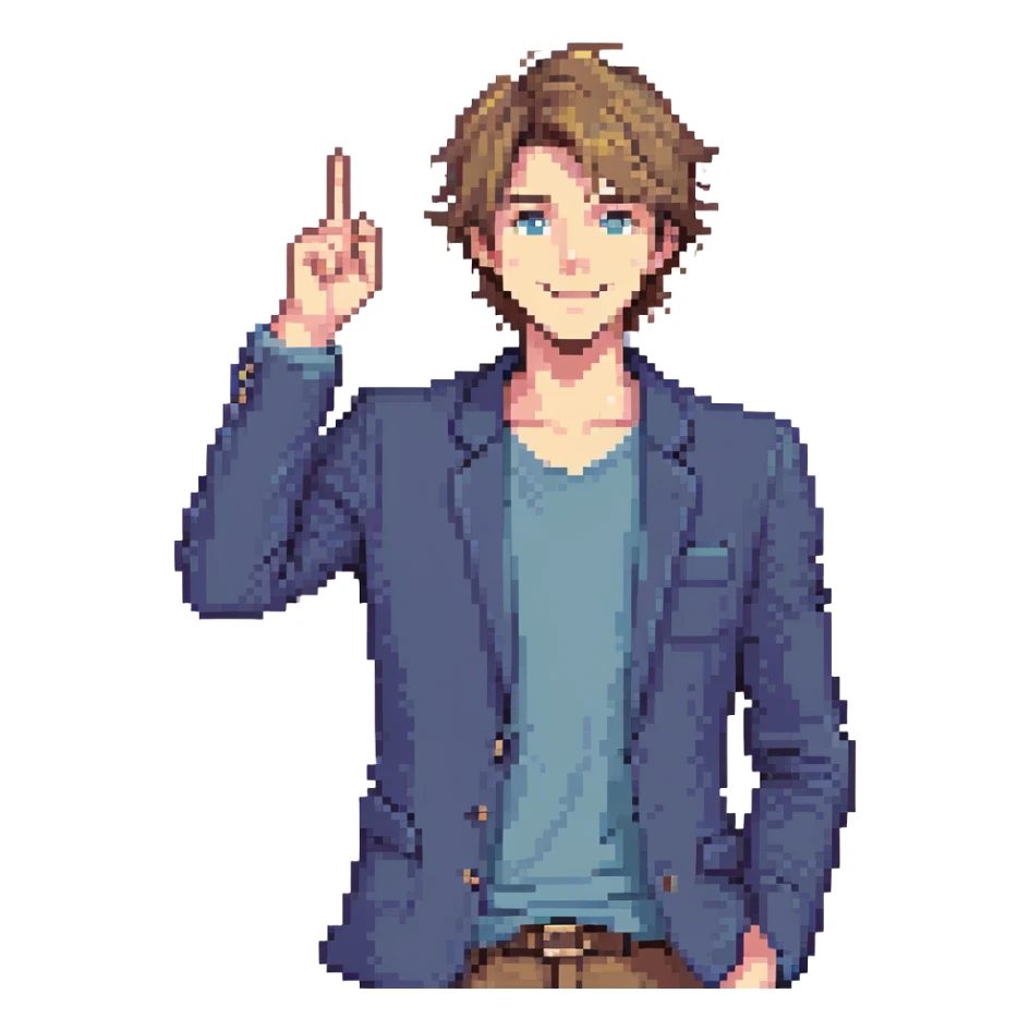 Flat pixel are, lively and clever male debater, fair skin, short messy light brown hair, sharp eyes with a mischievous smile, wearing indigo blazer over a casual t-shirt, one hand raised mid-gesture, waist-up, front-facing sticker