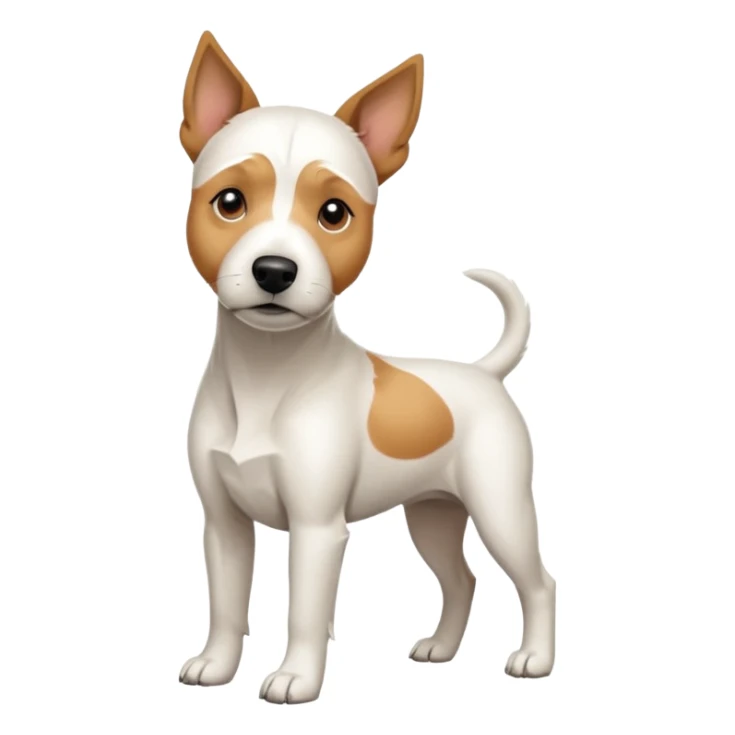 a full body facing front on of a buff white parson russell terrier looking dog the size of a kelpie with light brown long ears resting on its face and a light brown patch on one eye and a large snout. the rest of the dog is completely white.  sticker