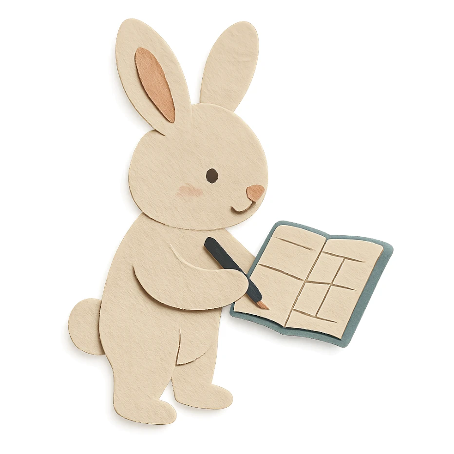highly detailed, high quality paper craft style illustration of a cream-colored bunny standing and writing in a planner, intricate textures, soft lighting, delicate cut-paper details sticker