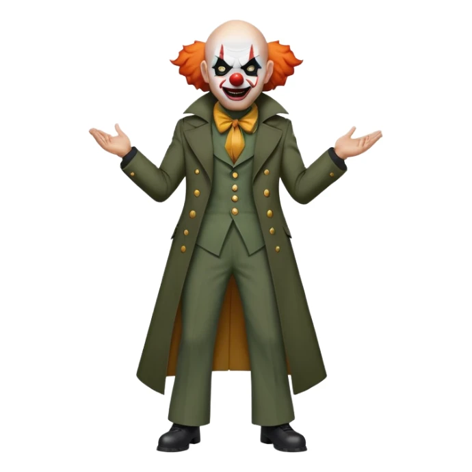 evil clown, bald, small black horns on forehead, fangs, pointed ears, eye patch over one eye, long coat over black and military green leisure suit with bellbottom pants, realistically proportioned, less bulky, full body, battle-ready, fighting posture sticker