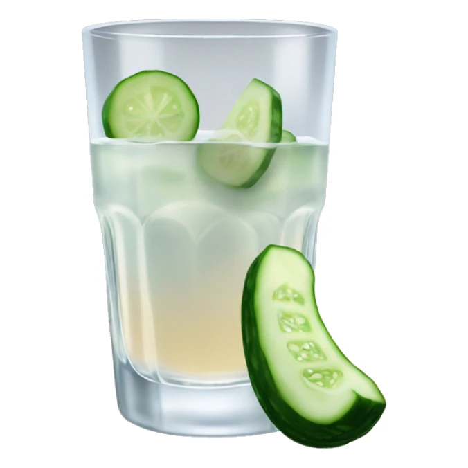 A cut glass of vodka and a small cucumber next to it.  sticker