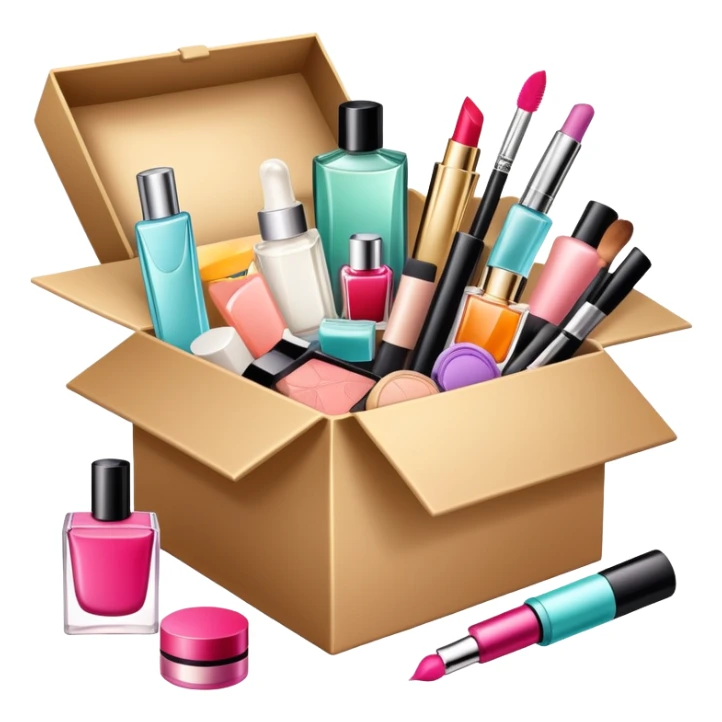 an opened box with various beauty items spilling out, including makeup, skincare, and perfume sticker