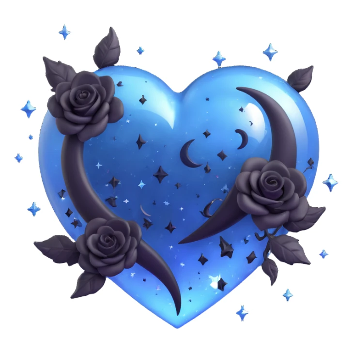3D emoji gothic heart, midnight blue glass, silver crescent moon, tiny black roses, shimmering stardust, lightning bolt effect, rain-soaked look, cracked glass texture sticker