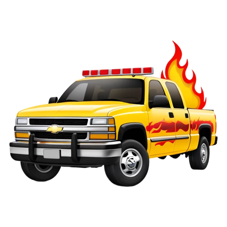 Yellow 1997 Chevrolet C-2500 Crew Cab Silverado with red flame design only on the front bumper, 30-degree view showing detailed bumper flames, Kill Bill movie vehicle, iOS emoji style sticker