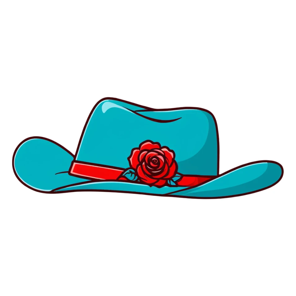 Denim cowgirl hat with red roses around the brim sticker