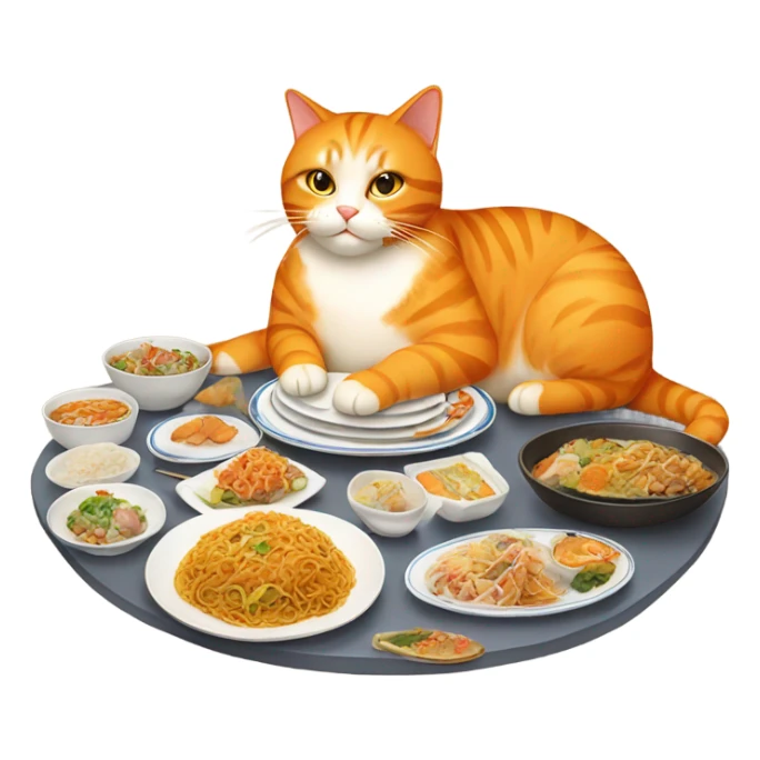 big orange cat eating at a chinese buffet sticker