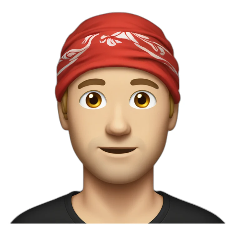 White man in a black T-shirt and a red bandana sticker