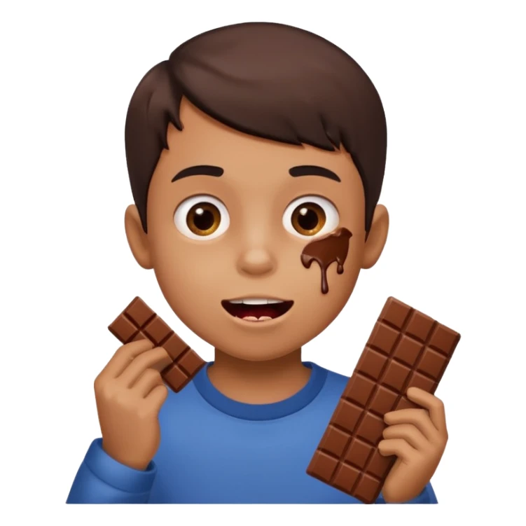 A boy holding a chocolate bar with him chewing on the bite he took sticker