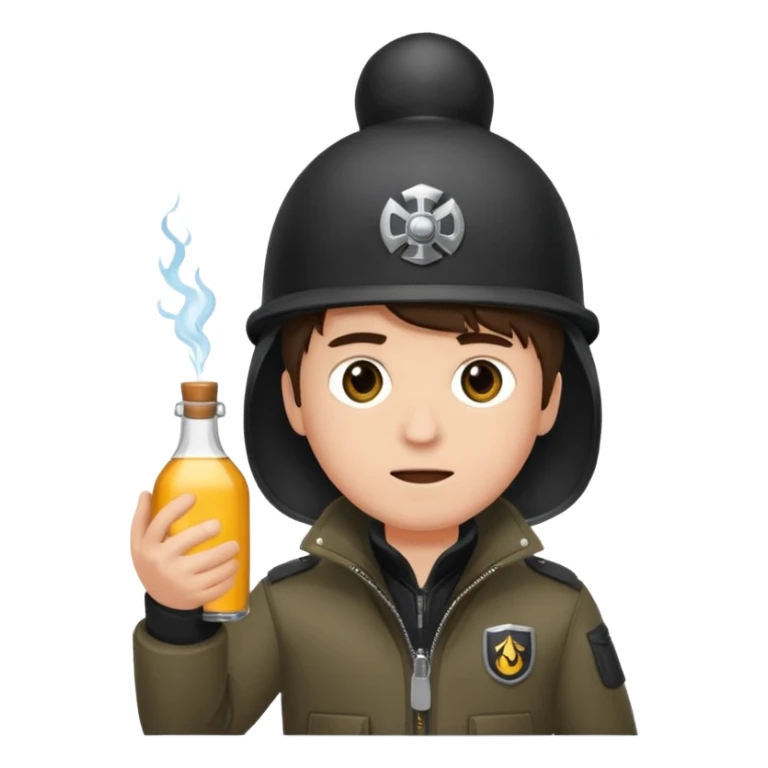 erstell ein bild Von eine jungen der braune augen hat eine sturmhaube trägt und eine Jacky flasche in der Hand hebt plus eine Jacke mit schwarzen fell sticker
