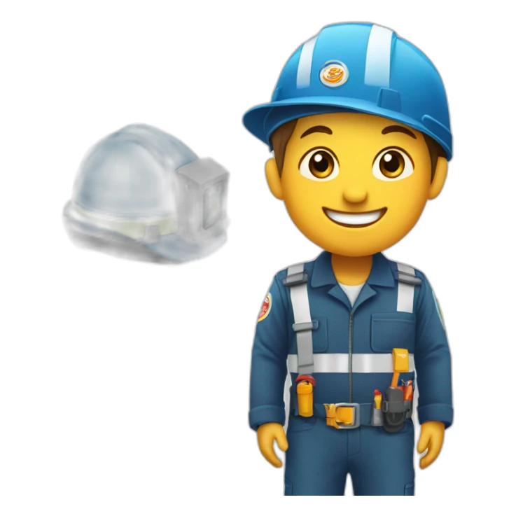 An little kid with engineer uniform. Logo “FE” as logo on his hat, laughing sticker