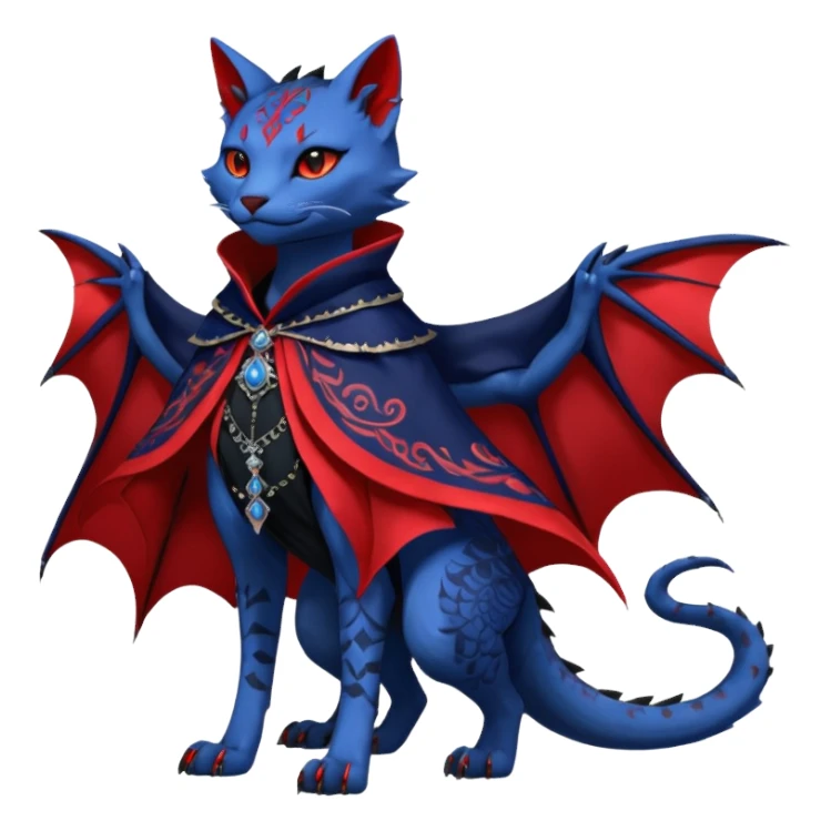Kawaii gothic badass black, red, indigo, cute beautiful pretty elegant divine edgy feline-vernid-sergal-Haku-dragon-fursona-animal-creature, full body, with intricate detailed markings, Embroidered capelet, silken shawl sticker