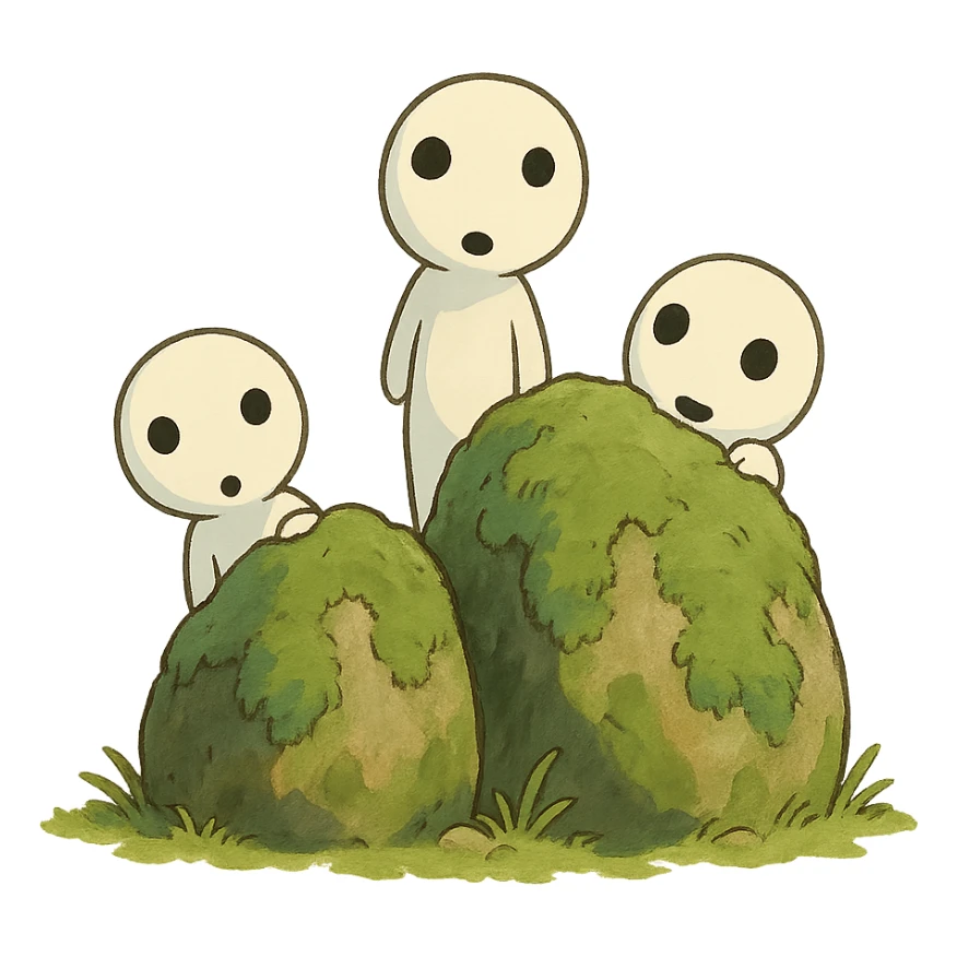 small whimsical forest spirits peeking from behind mossy rocks, playful mood, ghibli style sticker