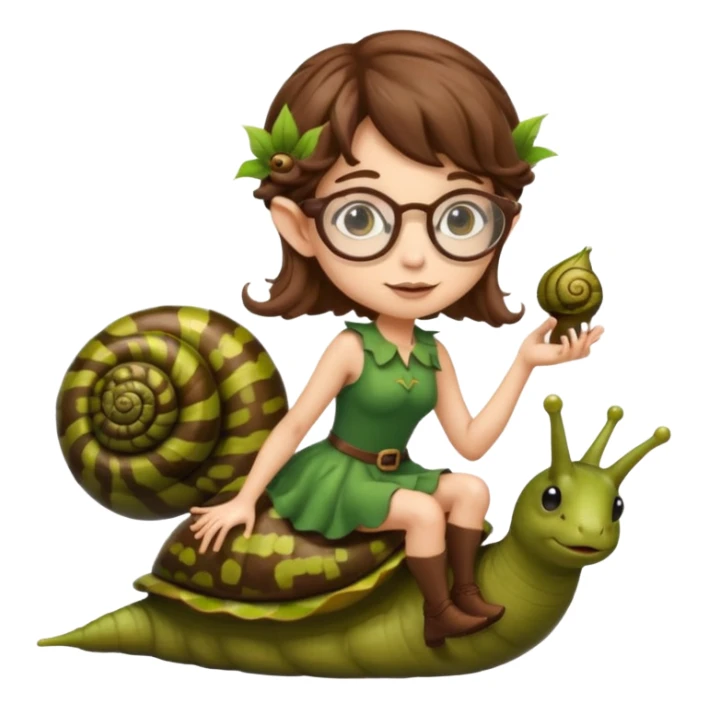 tiny forest elf woman brown wavy hair glasses riding a snail sticker