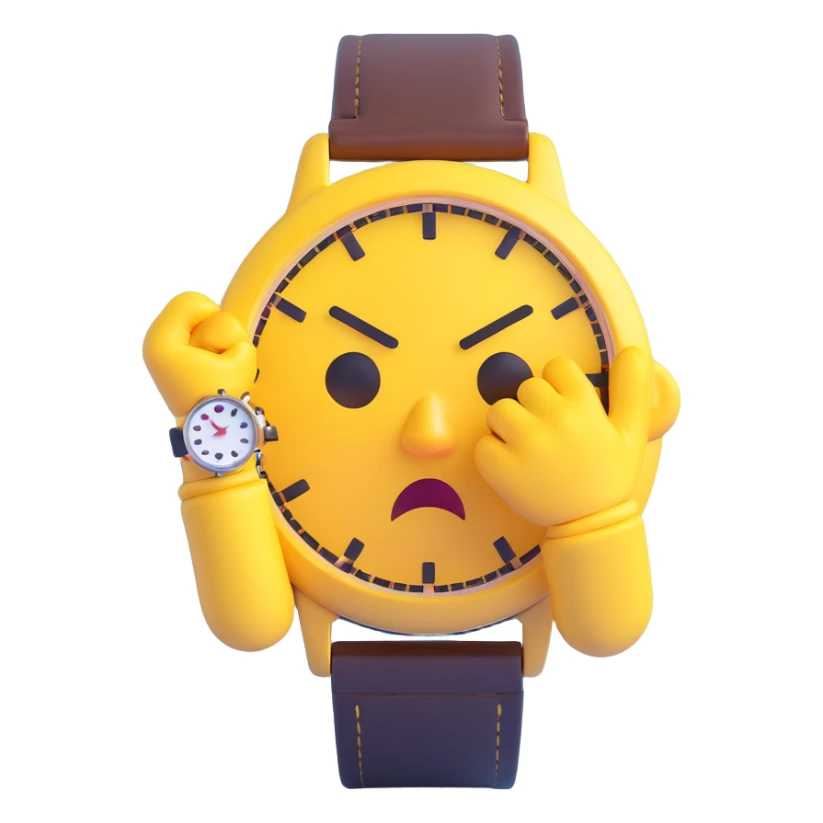 A yellow emoji face with a worried expression, looking at a wristwatch with raised eyebrows, showing urgency and stress sticker