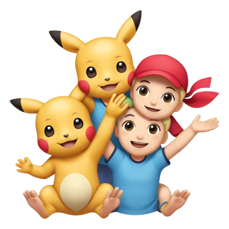Three Pokémon characters working together as friends — bright, cheerful, and playful. They are helping each other: one is lifting another up, another is offering a hand, and they are all smiling. The style is colorful, cute, and cartoon-like, with a joyful background. sticker